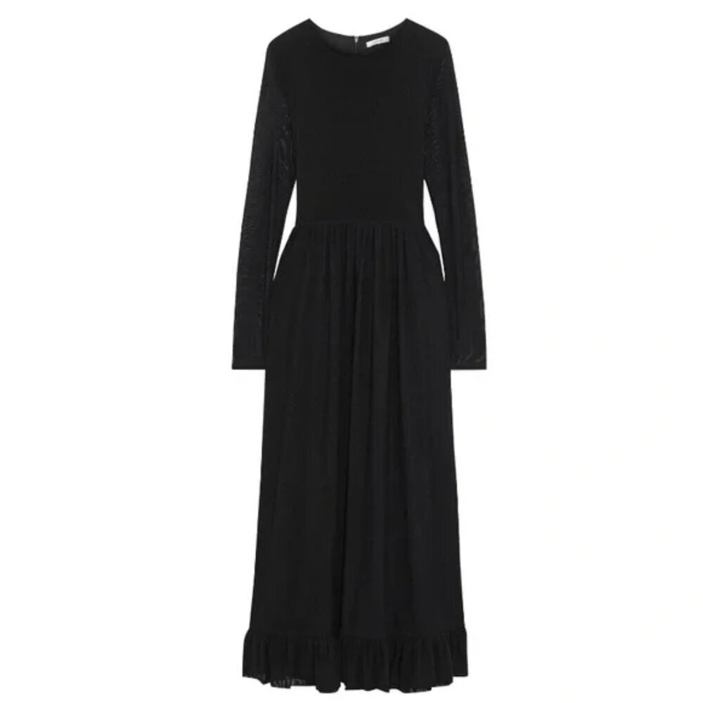 GANNI Addison Swiss Dot Black Mesh Maxi Dress Ruffle Hem, EU 36 US 4 Small - Picture 5 of 15